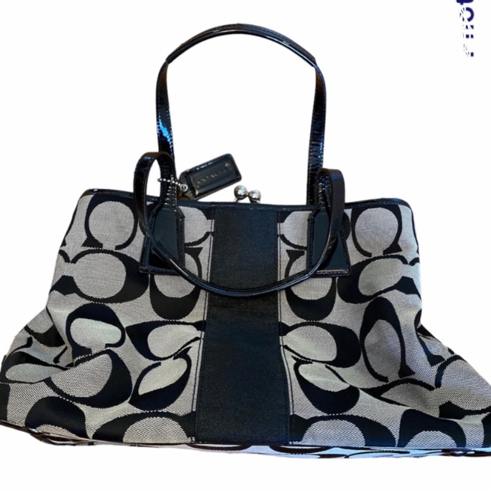 COACHSignature Stripe Frame Kisslock
Carryall Satchel Handbag EUC